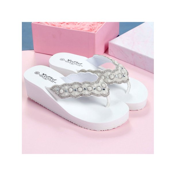 Daeful Women's Wedge Thong Sandals Rhinestone Thong Platform Flip Flops