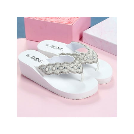

Crocowalk Wedge Flip Flops for Women Non Slip Clip Toe Thong Sandals with Pearl Rhinestone Weding Shoes