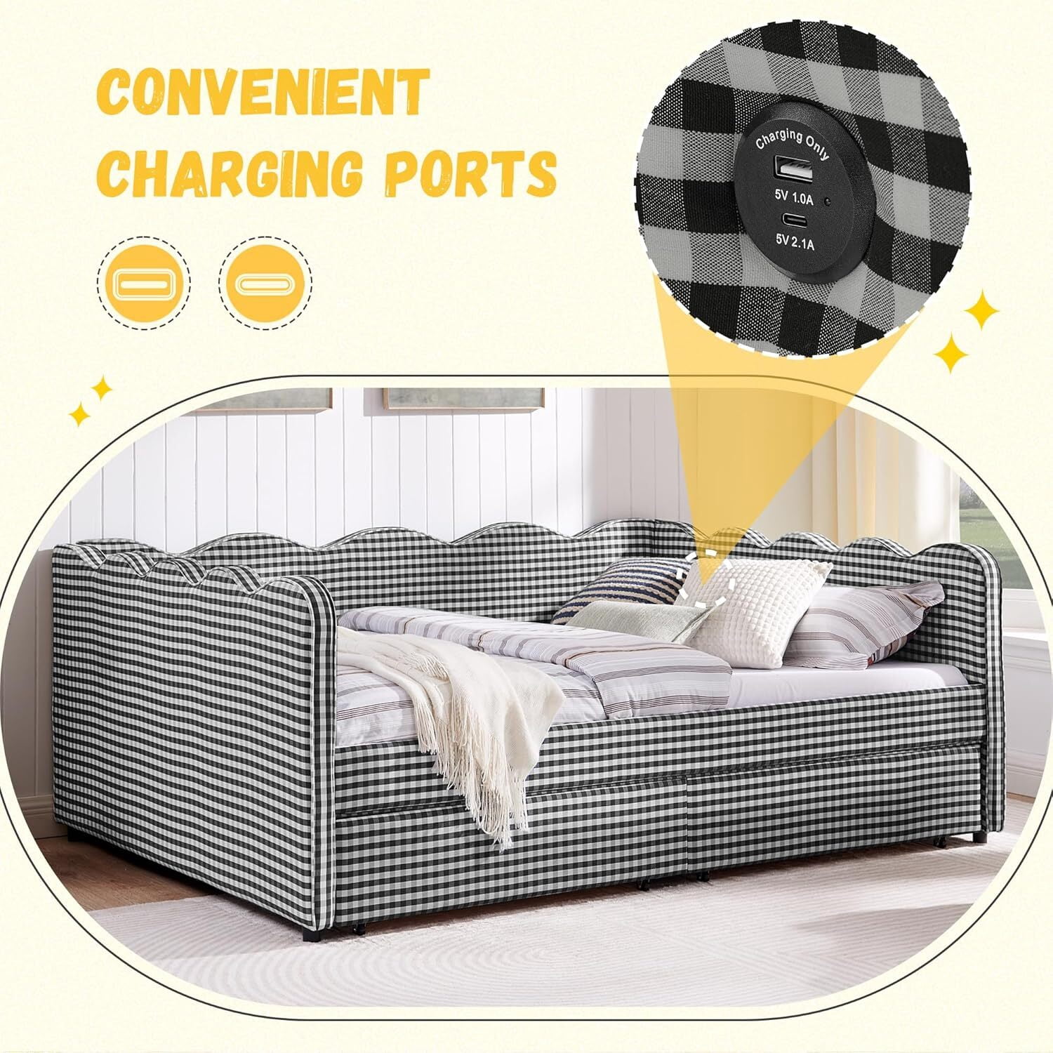 avobird Cozy Gingham Daybed with 2 Storage Drawers Queen Size Sofa Bed for Living Room, Sleeper Sofa with USB Port and Adorable Wave Shaped, Linen Fabric, Black