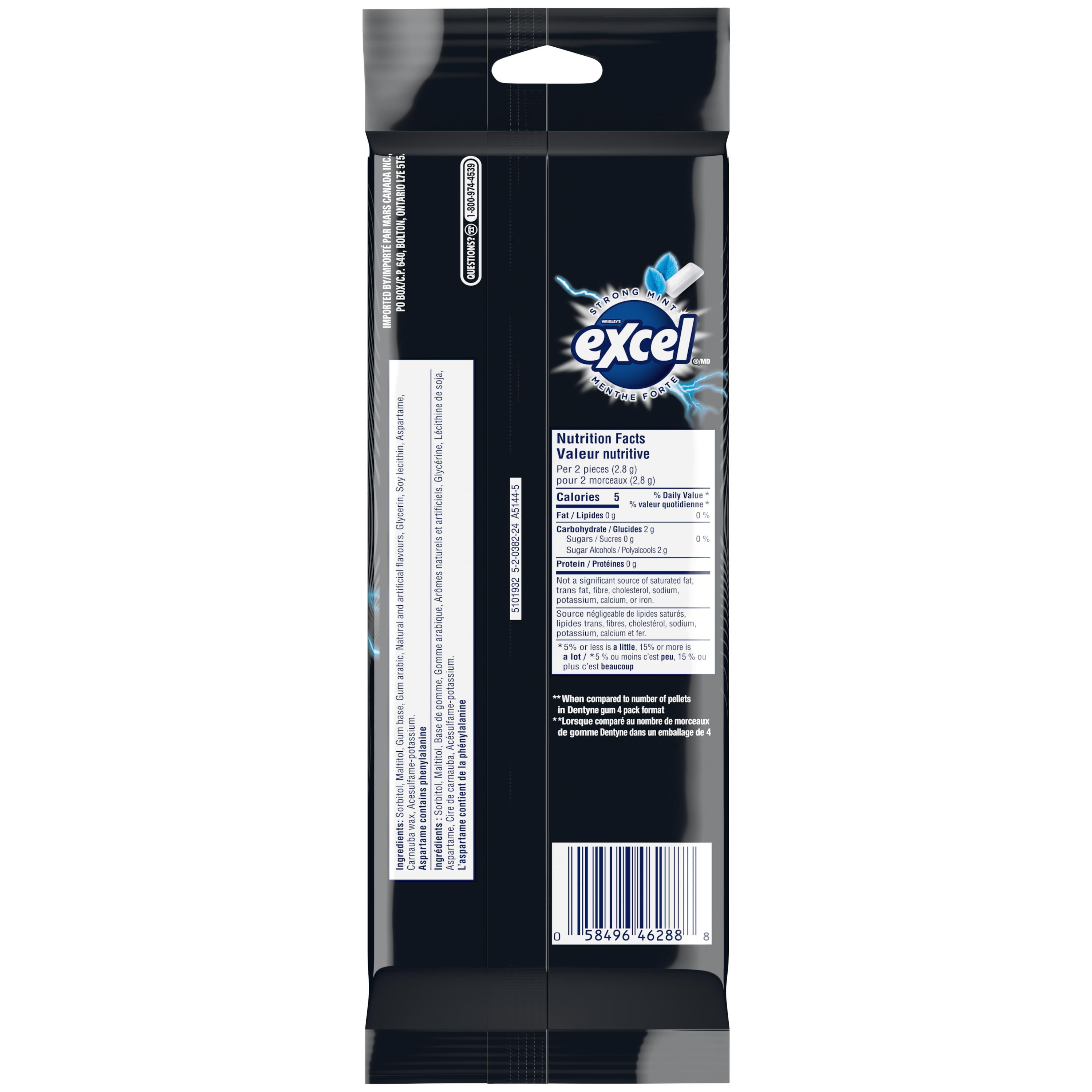 EXCEL, Menthe forte, gomme à mâcher sans sucre, 18 morceaux, 3 emb. Emballages de 3, 18 morceaux