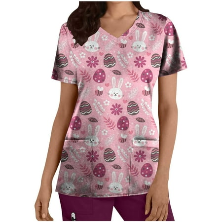 

SMihono Women s Fashion Tunic Scrub Tops with Pockets Sales Comfy Flowy Nurse s Working Uniform Blouse for Women Short Sleeve Womens Tops Easter Bunny Tees Trendy Summer V Neck Shirts Pink 12