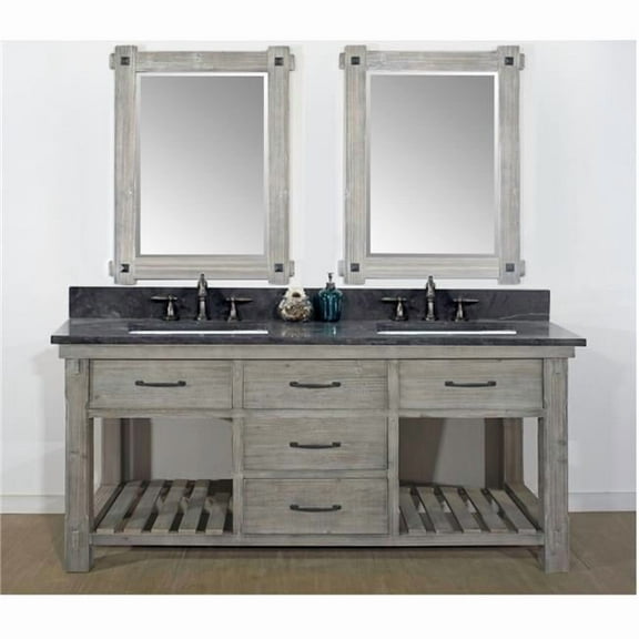 WK8472-G-WK SQ TOP 72 in. Rustic Solid Fir Double Sink Vanity in Grey Driftwood-No Faucet With Rectangular Sink Limestone Top-No Faucet