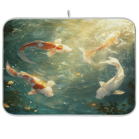 

WOBOGO Koi Fish Kitchen Drying Mat Heat Resistant Drainage with Non-Slip Rubber Backing Hides Stains Super Absorbent Easy to Clean 16×18in