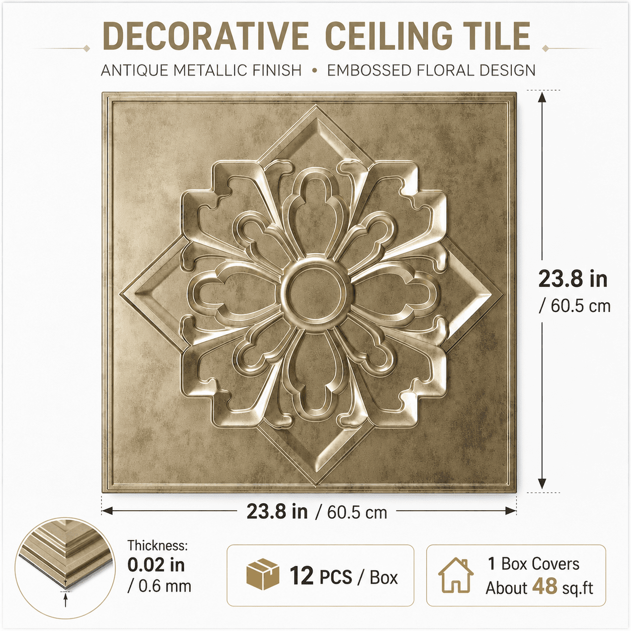 Yeslife 12-Pack 23.8" x 23.8" PVC Drop Ceiling Tiles, Antique Gold Vintage 3D Embossed Panels, Waterproof Glue-Up Ceiling Tiles for Walls, Ceilings, Home and Office, 48 Sq.Ft