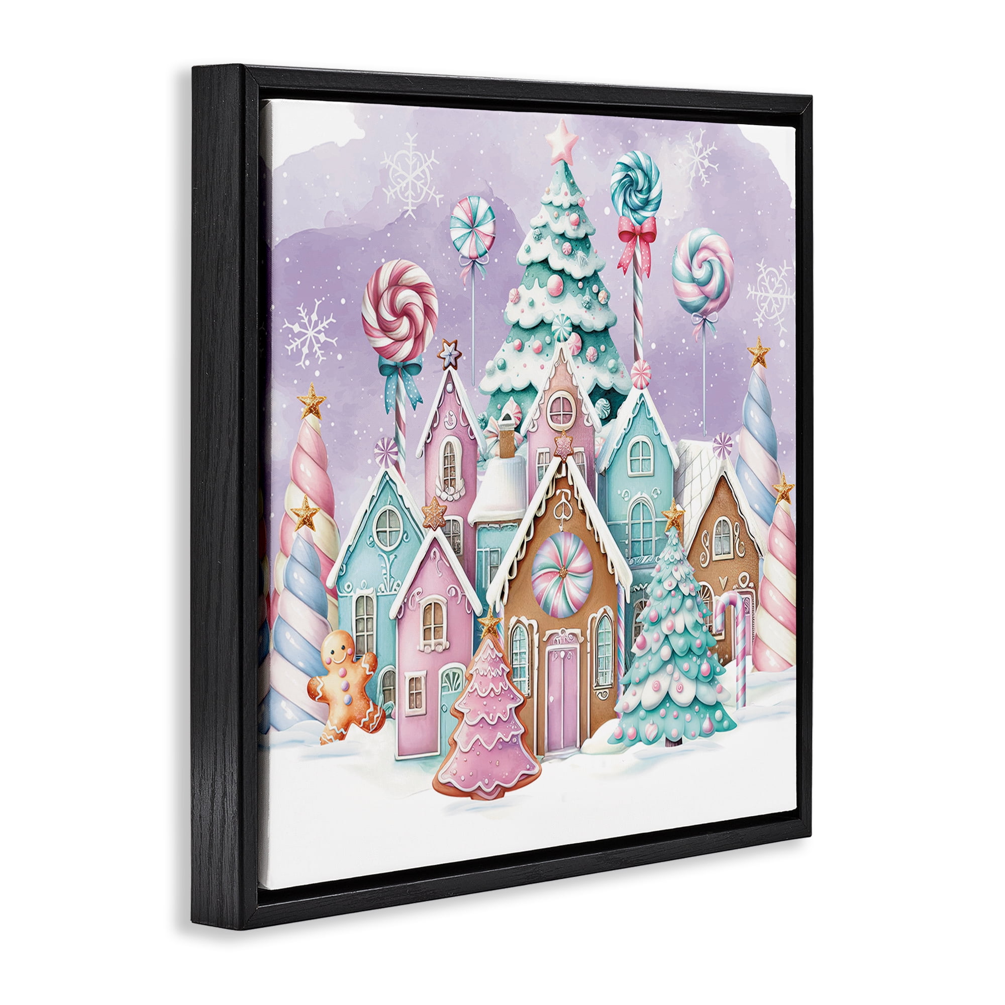 Stupell Industries Gingerbread Candy Town Holiday Painting Black Floater Framed Canvas Art Prints Wall Art, 25 x 25