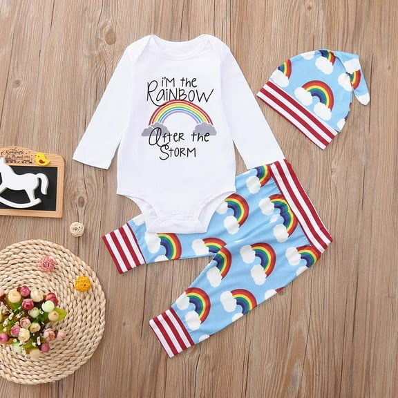SDJMa Newborn Baby Girl Boy Rainbow Romper Tops Jumpsuit Pants Hat Outfits Clothes Set