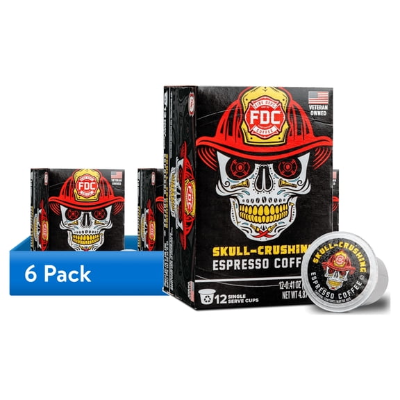 (6 pack) Fire Department Coffee Skull-Crushing Espresso Dark Roast Premium K-Cup Coffee Pods, 12 Pack