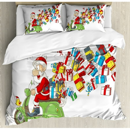 3 Piece Scooter - Santa King Size Duvet Cover Set, Jolly Fun Delivery with Speeding Santa Claus on a Scooter and Scattered Packages, Decorative 3 Piece Bedding Set with 2 Pillow Shams, Multicolor, by Ambesonne