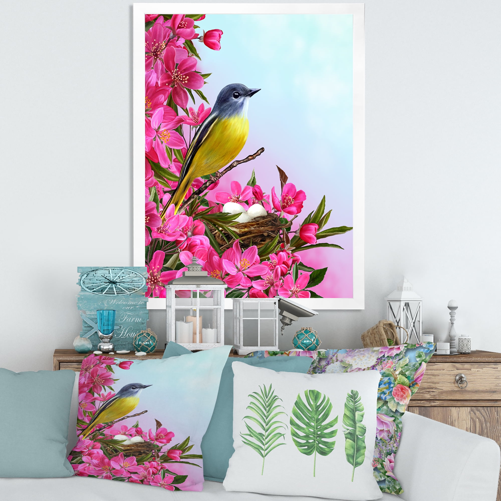Designart 'Little Yellow Bird Near The Nest with Pink Flowers' Traditional Framed Art Print