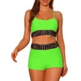 thumbnail image 1 of Conjuntos de bikini de color contrastante para mujer de 2 piezas, traje de baño de cintura alta con escote redondo, verde medio, 1 of 5