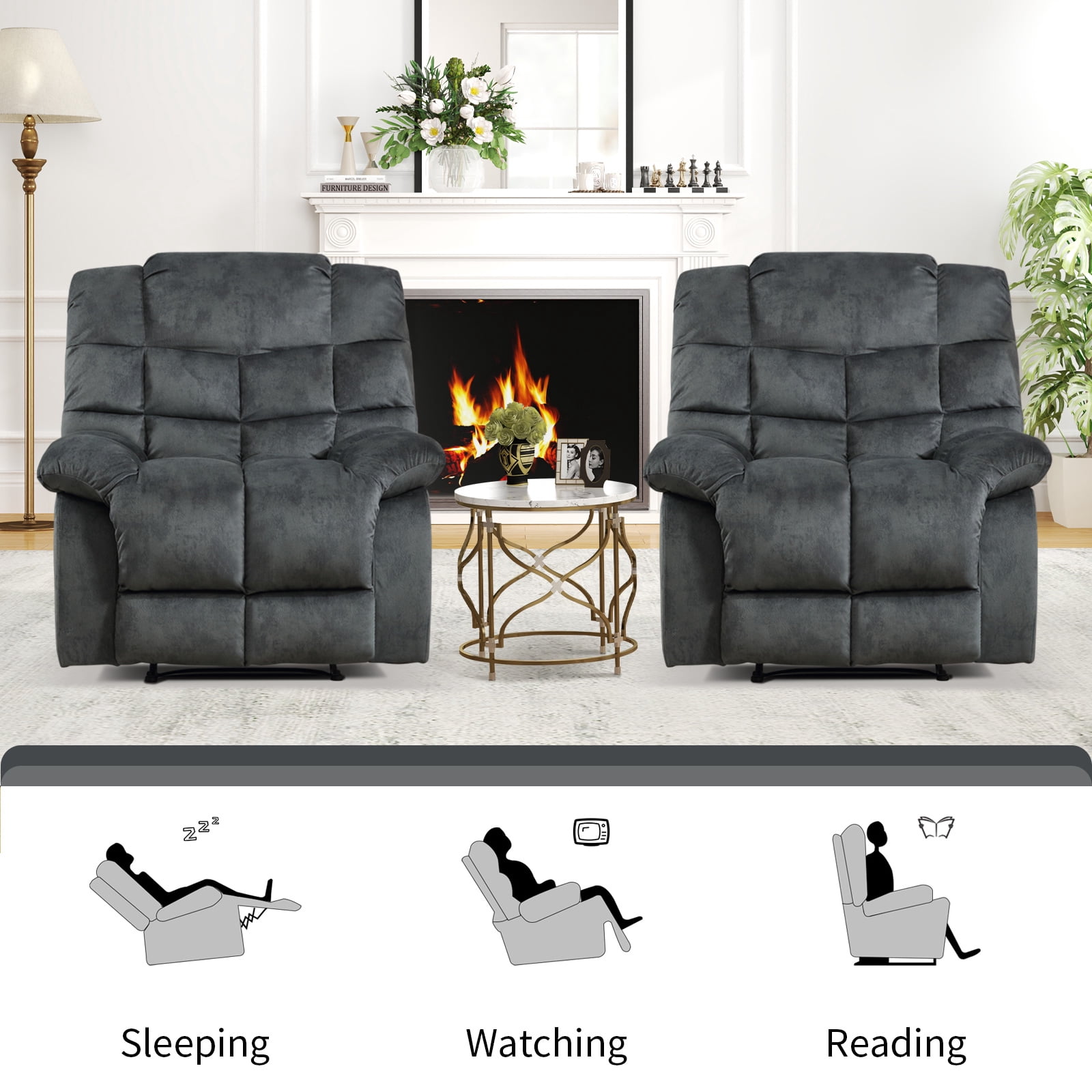 Bonzy Home Recliner Chairs Set of 2 for Living Room Manual Reclining Chair Single Sofa for Bedroom, Gray