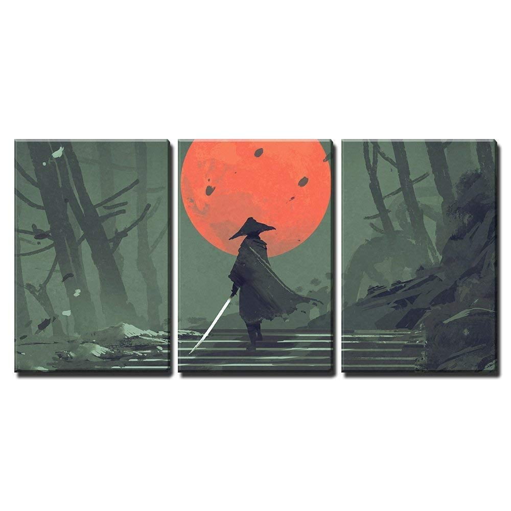 Modern Home Art Stretched and Framed Ready to Hang Illustration Samurai Standing on Stairway in Night Forest 24x36x3 Panels wall26-3 Piece Canvas Wall Art