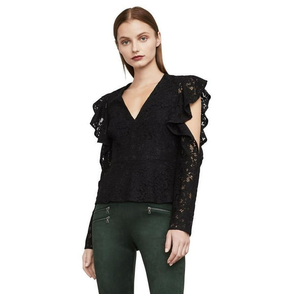 BCBGMAXAZRIA Women's Gil Lace Cut Out Peplum Blouse In Black Size XS $322