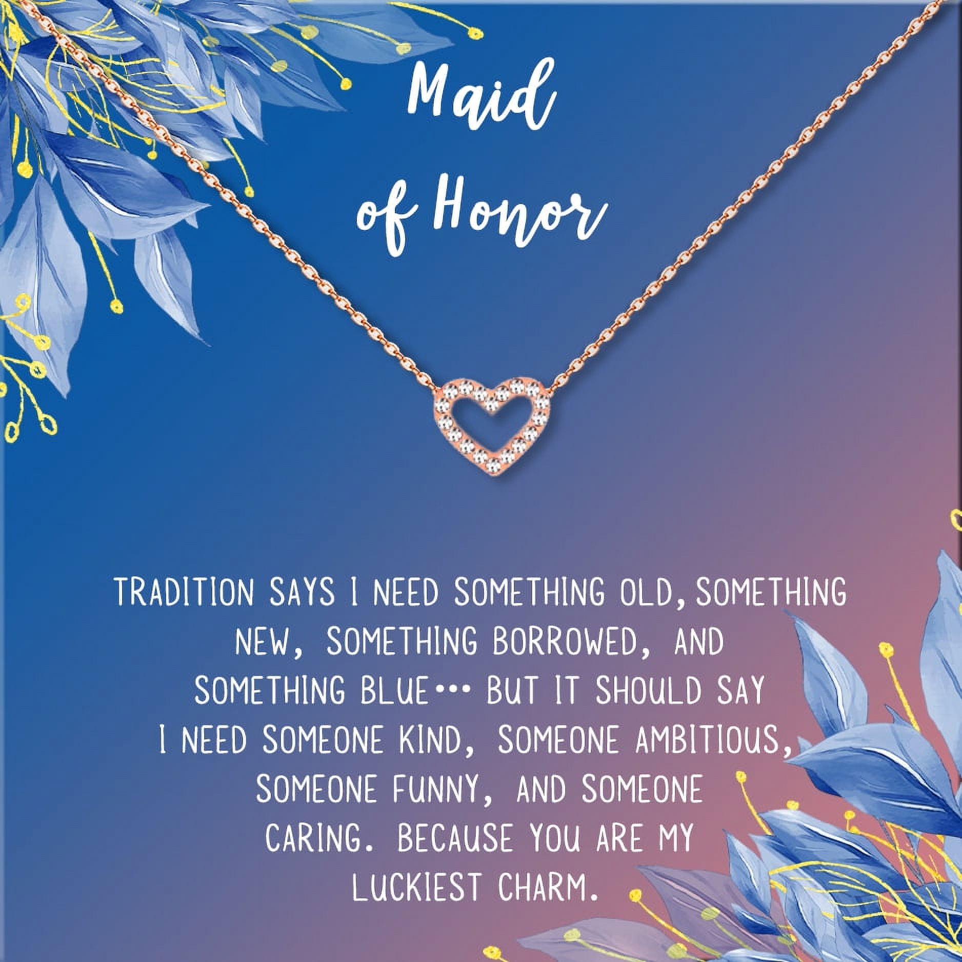 Anavia Maid of Honor Necklace Gift, Maid of Honor Sister Gift, Maid Of Honor Card for Girls, Wedding Gifts Jewelry Necklace-[Rose Gold Mini Crystal Heart, Blue-Orange Gift Card]