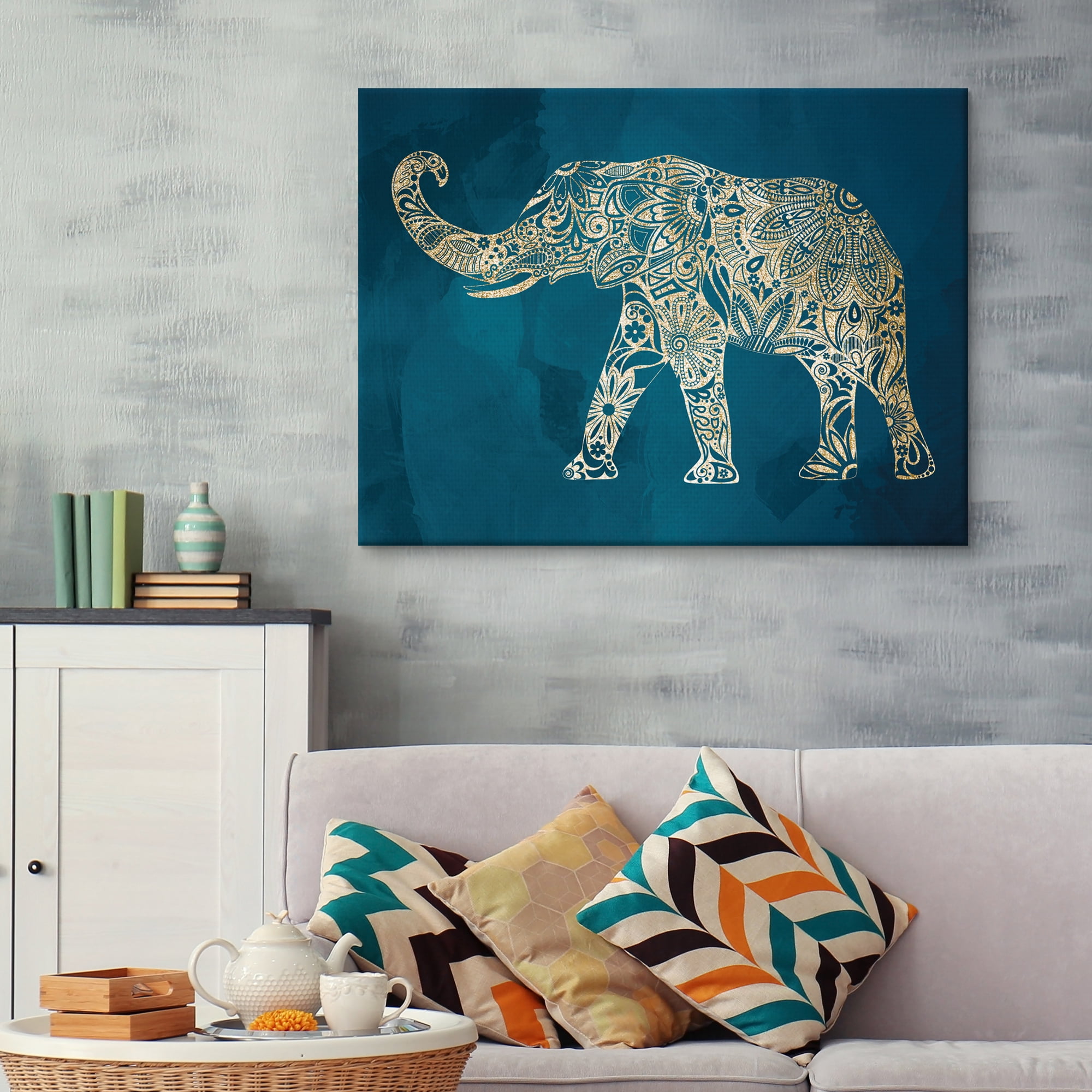 Gold Elephant on Blue by Willowbrook Art Print