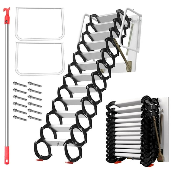 12-Step Wall-Mounted 10 FT Telescoping Folding Al-Mg Alloy Attic Ladder, Stair with Pull Down System and Armrests, One-of-a-Kind for Attics, Garages, and DIY Projects