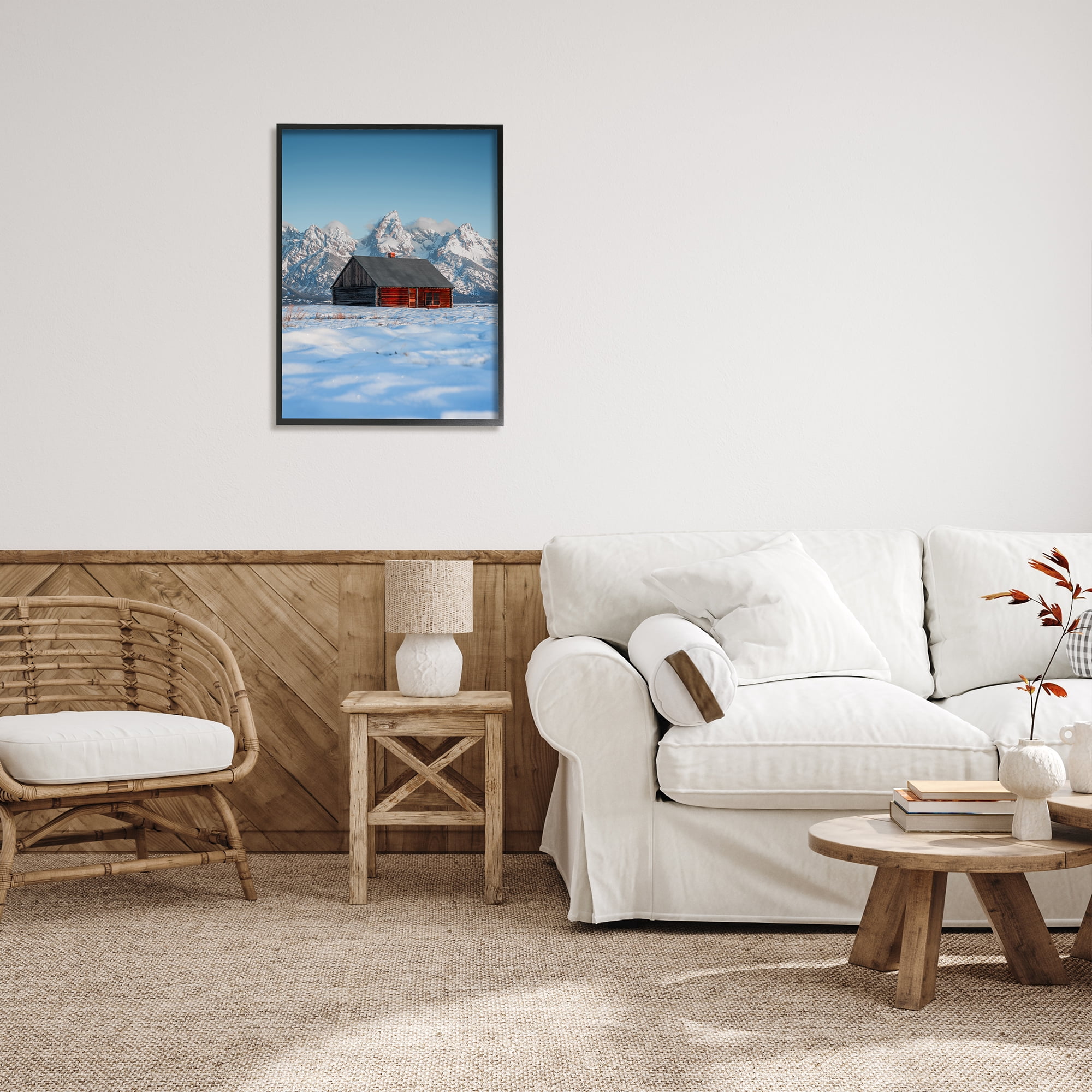 Stupell Industries Cabin in Snowy Mountains Landscape Photography Black Framed Art Print Wall Art, 24 x 30