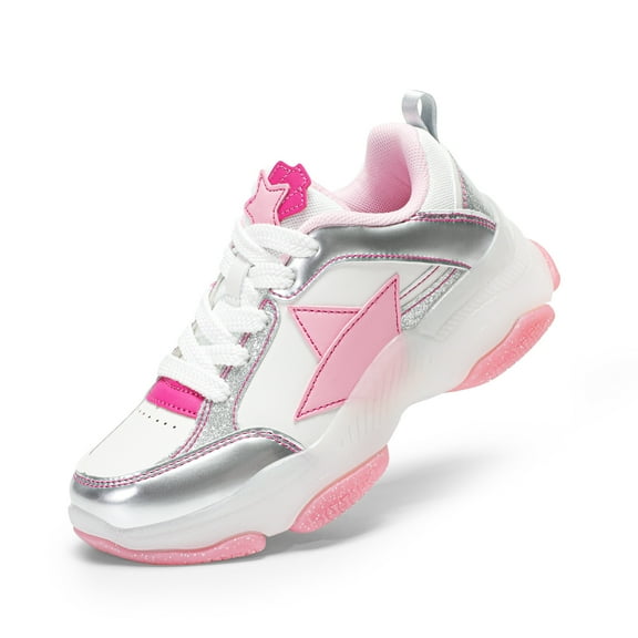 BURUDANI Girls Sneakers Lace-Up Lightweight Sparkle StarGlow Breathable Jelly Sole Kids Walking Shoes Casual Sports