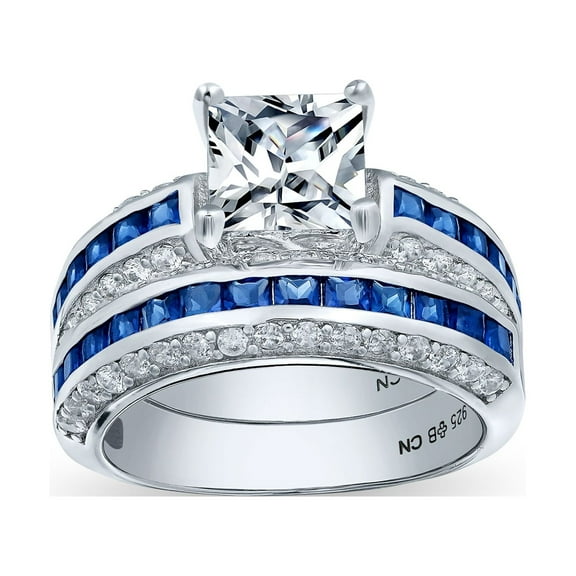 Bling Jewelry Womens 3CT Art Deco Style Princess Cut Solitaire CZ Wedding Ring Set Sterling Silver