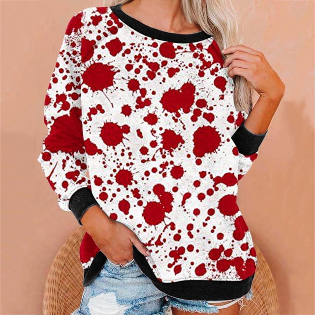 2023 Chandail en Molleton de Mode pour Femmes 50 % de Rabais Liquidation Femmes Manches Longues Décontractées Col Rond Hauts Blouse Ample Imprimé Graphique d'Halloween