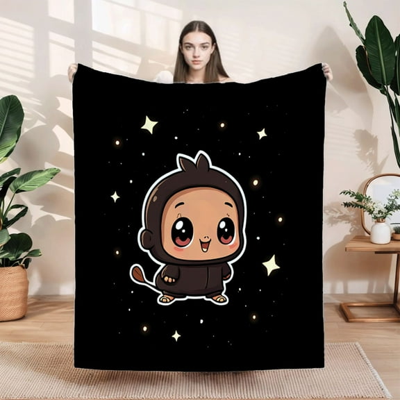 Cozy Cartoon Monkey Flannel Blanket - Soft Warm Durable Perfect for Sofa Travel Bed & Chair - Whimsical Starry Design