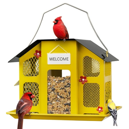Kingsyard Metal Wild Bird Feeder House for Outdoor Hanging with Triple Feeders, Weatherproof, Yellow