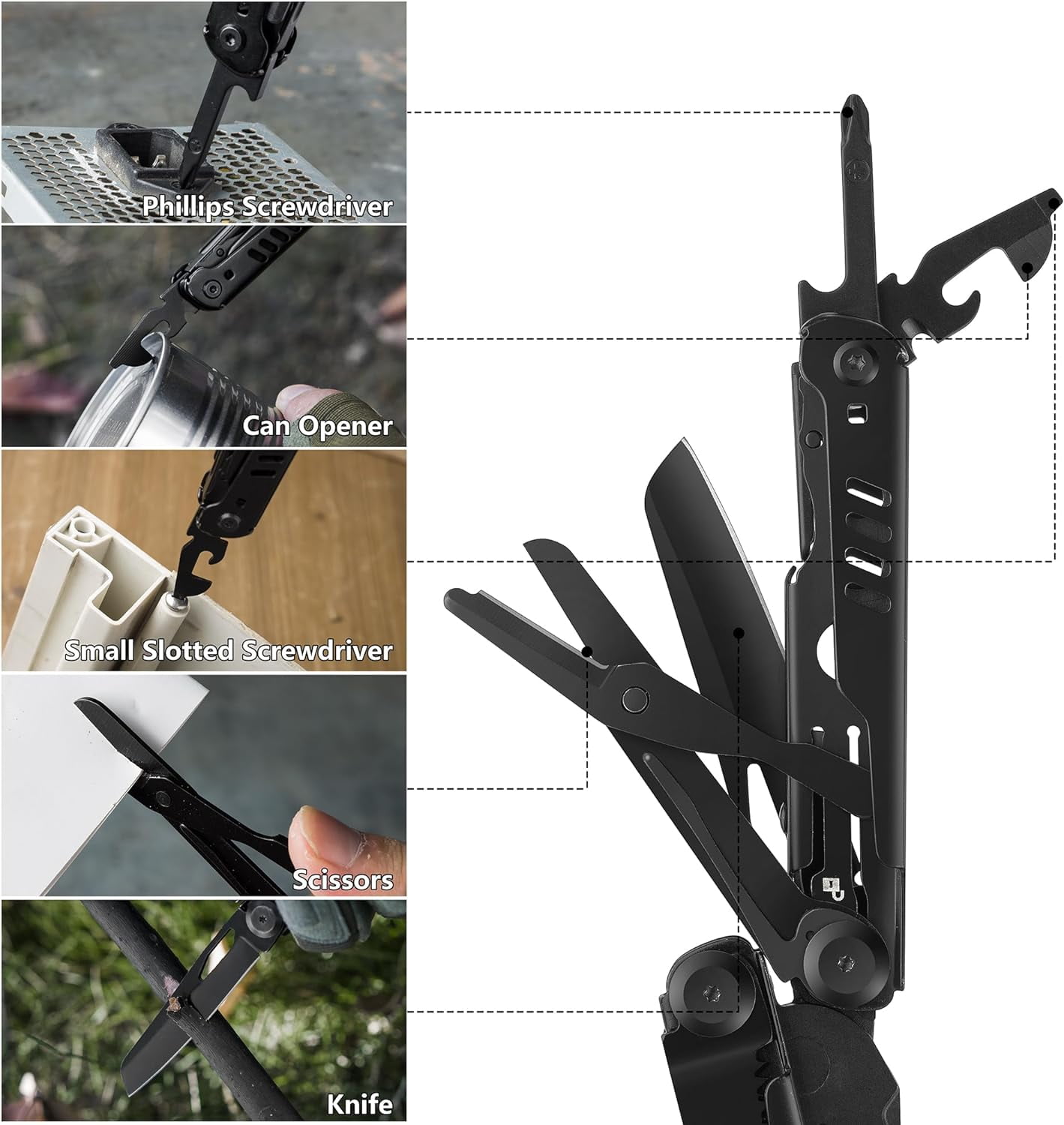 FLISSA 15-in-1 Portable Multitool with Pliers, Pocket Knife, Safety Locking System, Belt Clip and Sheath, for Camping, Survival, Outdoors