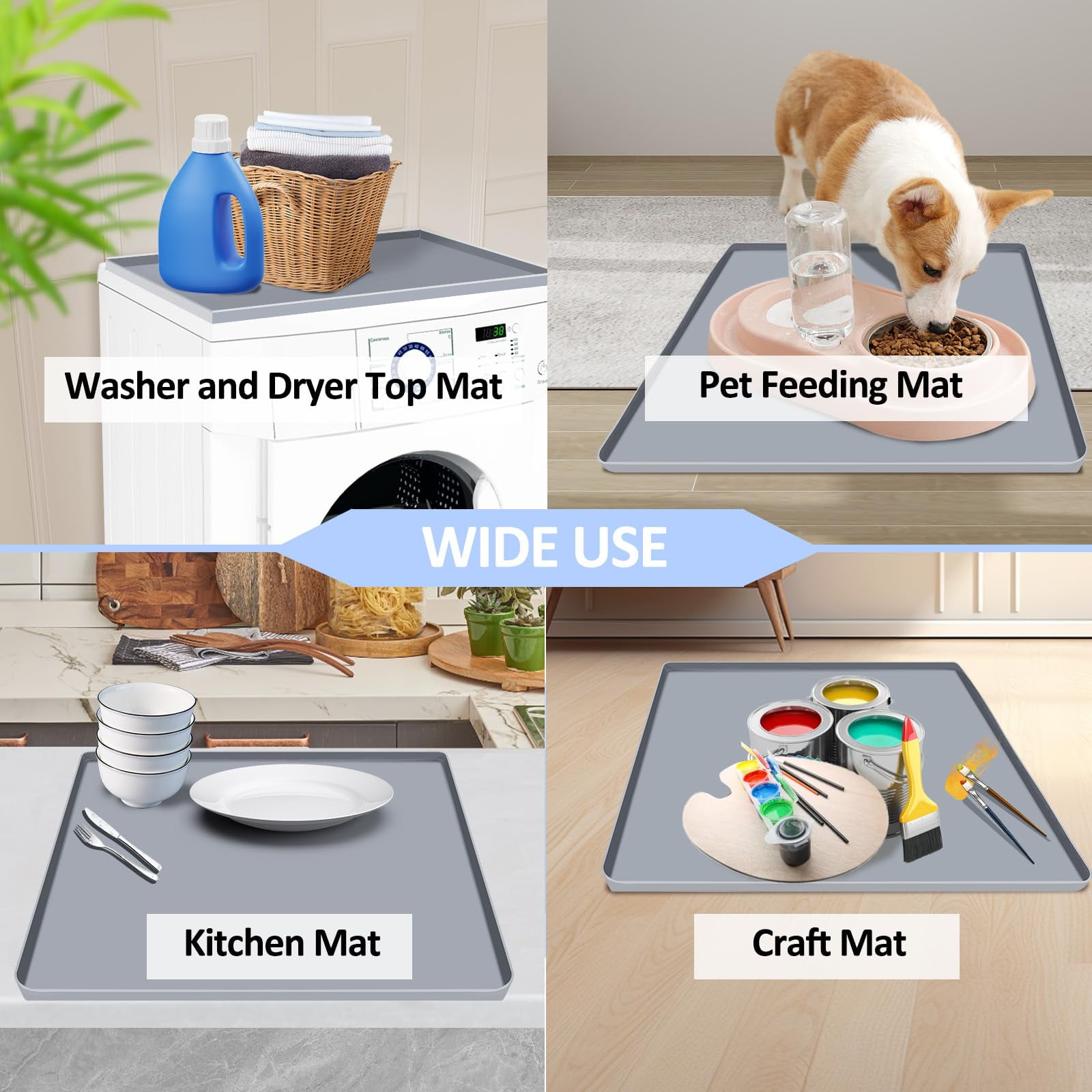 Washer and Dryer Top Protector Mat, 23.6 x 19.7inch Silicone Rubber Top Mat for Washer & Dryer, Non Slip Heavy Duty Waterproof Washable Dryer Top Protector Mat for Laundry Room, Grey