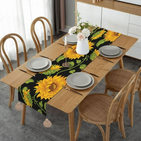 

Sunflower Print Black Table Runner Imitation Linen Table Runner With Khaki Tassels For Party And Dining Room 14 x 60