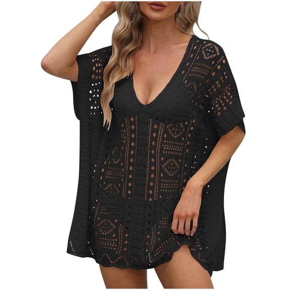 Xuhomer Beach Cover Ups for Women Knitted Hollow Short Sleeve V-Neck Crochet Summer Cover Up Bikini Swimsuits Bathing Suits Loose Tunics Sunscreen Cover Swimsuit Cover-up Dress Black Free Size