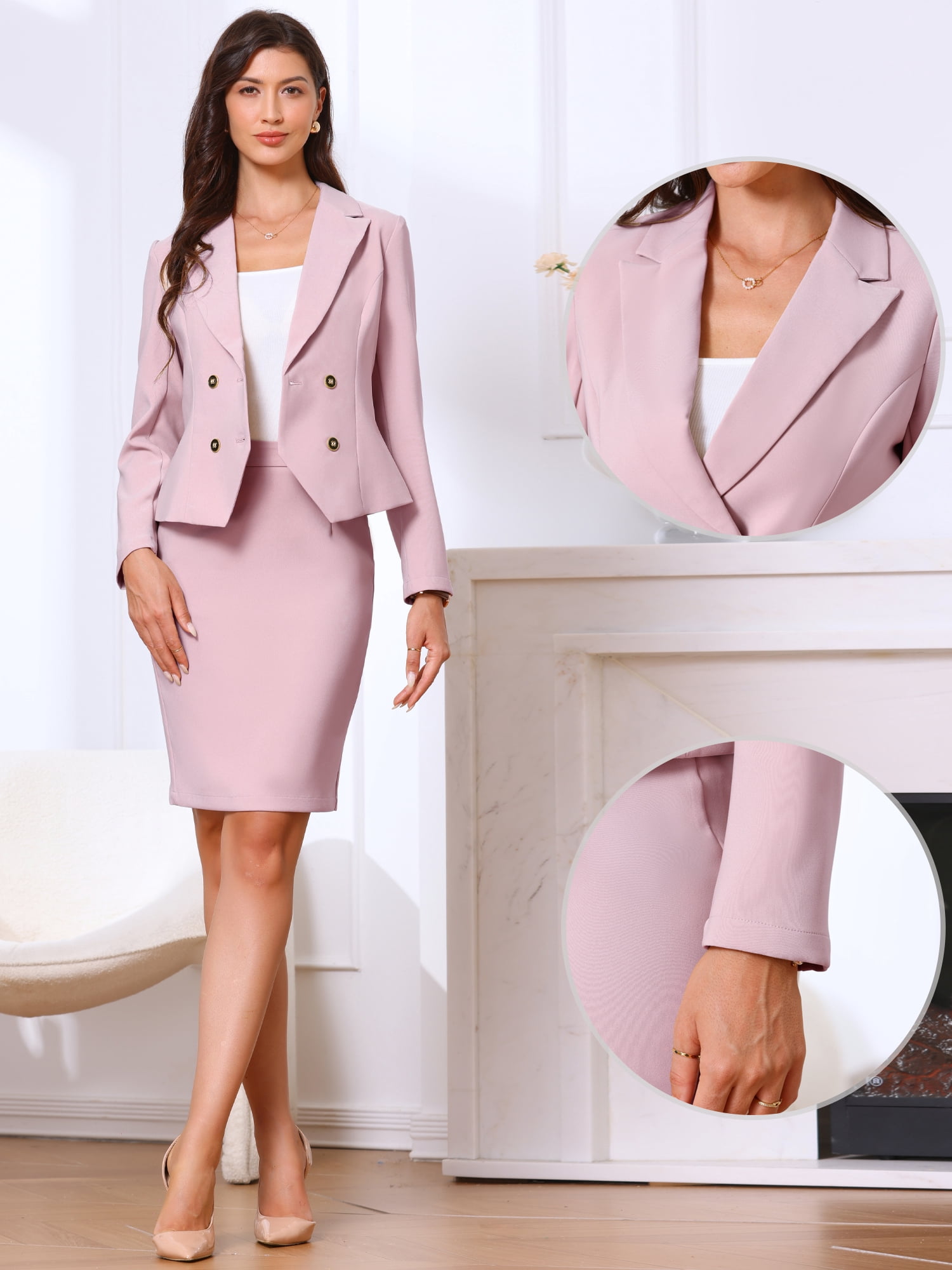 DARING DIVA 2Pcs Women's Office Double Breasted Blazer Pencil Skirt Set S Pink