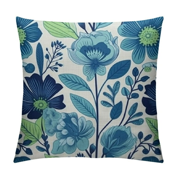 PRATYUS Navy Blue Teal Floral Pillow Covers Summer Light Blue Lime Green Flower Leaves Block Print Decorative Throw Pillow Cases Outdoor Farmhouse Decoration for Sofa Couch Bed 20x20in