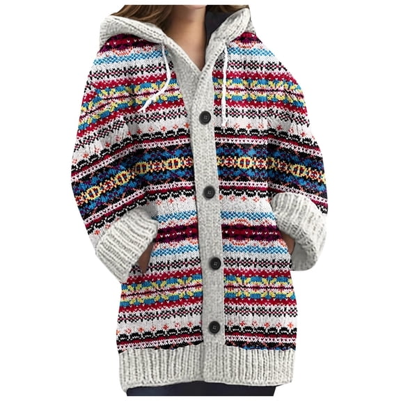 DHFJKG Womens Cardigan Sweaters Knitted Hooded Long Sleeve Button Down With Pockets Jacket Retro Fair Isle Stylish Outerwear