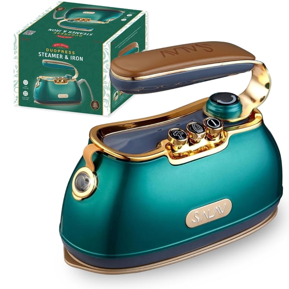 SALAV® Retro Edition Duopress Steamer and Iron with Ceramic Coated Plate, Emerald