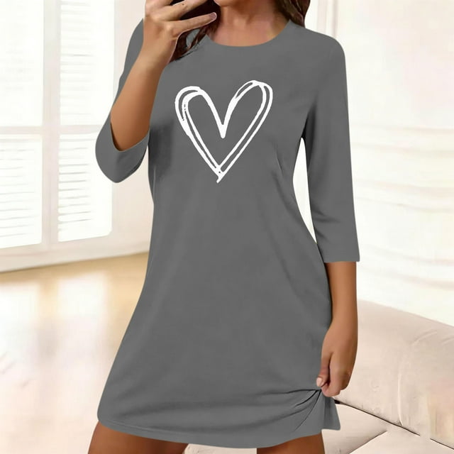 TaTaai Long Sleeved Loose Heart Printed Nightgown, Women's Round Neck Airy Piece, Spring Summer Outfit, Casual Daily Wedding Party Dance Work Vacation Wear, Line Dry Gift