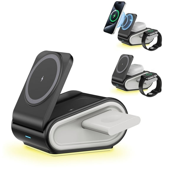 2025 Traveling Wireless Mag-Safe Fast Charging Station,Magnetic 3 in 1 Charger with Light for iPhone 17 16 15 14 13 12 Pro Max Plus,Apple Watch Series & Air pods 4 3 2 Pro-Gifts for Wife & Husband