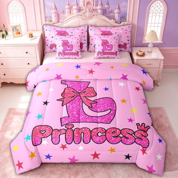 spefrowx Dreamy Princess L Letter Twin Bedding for Kids, Kawaii Cartoon Stars Bow Bedding Comforter Set, Pink Reversible, 7-Piece