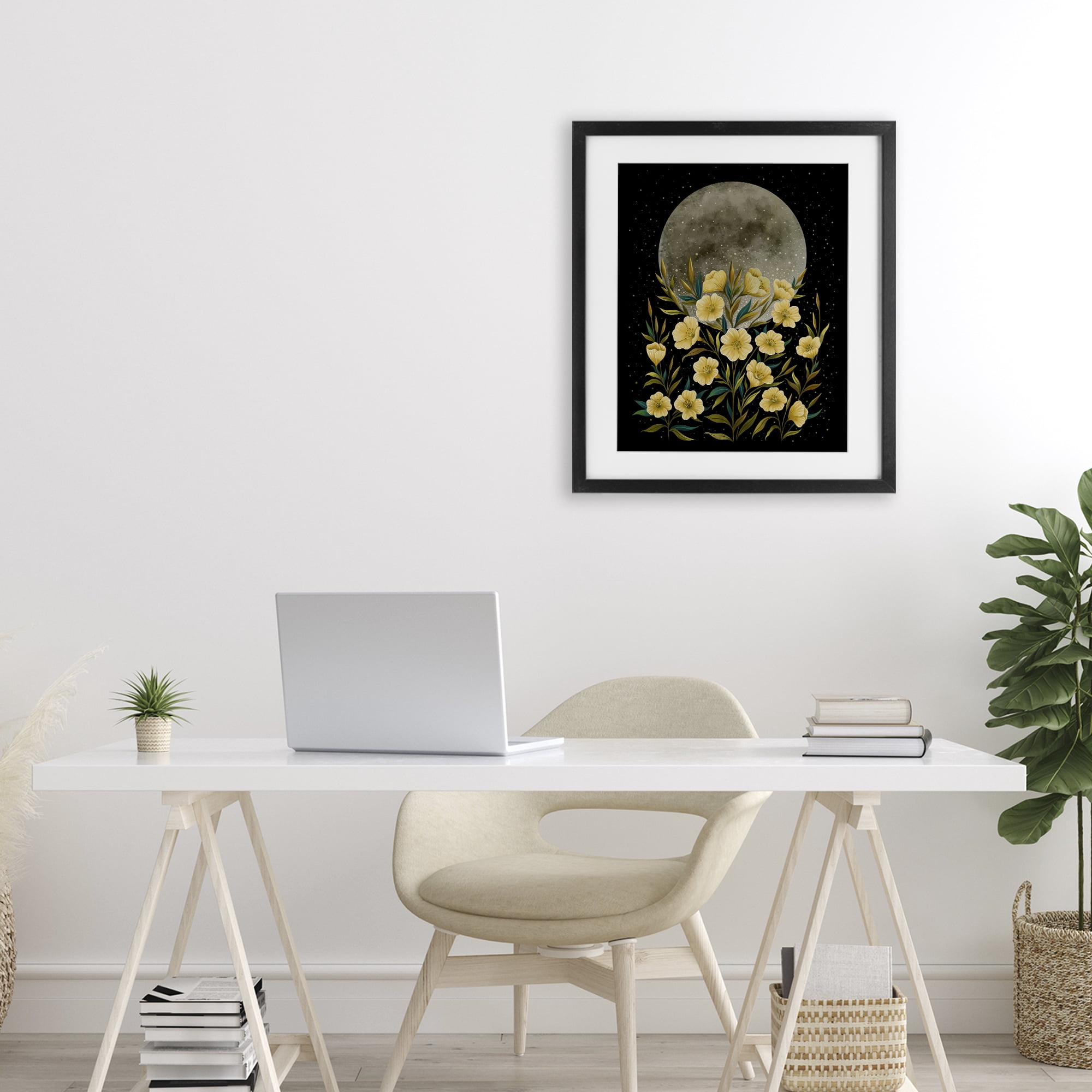 Stupell Industries Moon Greeting Yellow Flowers Black Framed Print Under Glass, design by Episodic Drawings