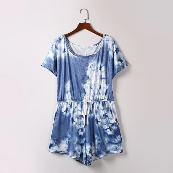 Gaecuw Plus Size Romper for Women Dressy Jumpsuits for Women Short Sleeve Overall Crew Neck Band Collar Tie Dye Onesie One Piece Outfits Casual Loose Baggy Jumpsuit Wide Leg Summer Shorts Mini