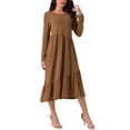 thumbnail image 4 of Vestido midi de mujer de manga larga de otoño Inspire Chic, con cuello redondo, casual, suelto, plisado, en capas, con bolsillos, color marrón, 4 of 5