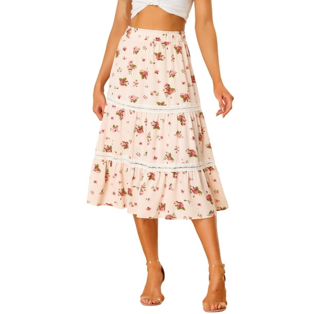 Allegra K Floral Midi Skirts for Women s Elastic Waist Tiered