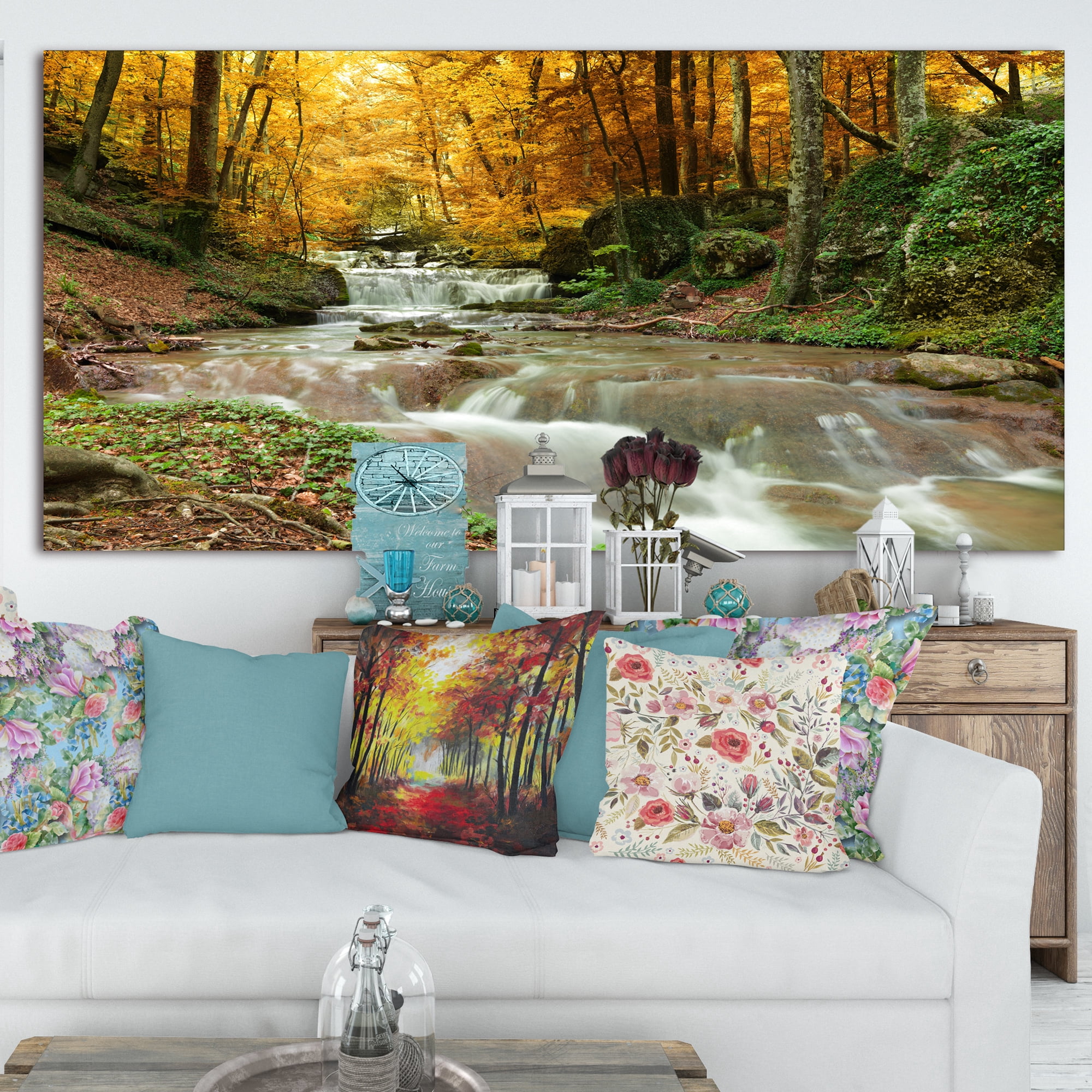 Designart 'Forest Waterfall with Yellow Trees ' Landscape Canvas Art Print