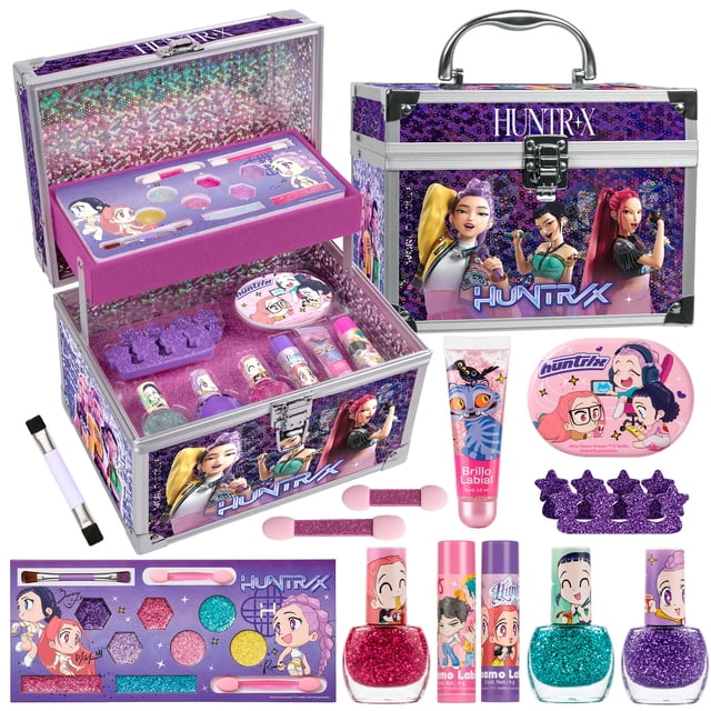 Maquillaje para Niñas de Las Guerreras KPOP, Maletín de Metal con Esmaltes, Brillo Labial, Bálsamos, Paleta, Separadores, Lima y Pinceles, Set de Cosméticos Infantiles