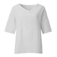 thumbnail image 3 of MIXUE Womens Summer Tops Linen Solid Color V Neck Short Sleeve Loose T-shirts Sportwear,White,M, 3 of 4