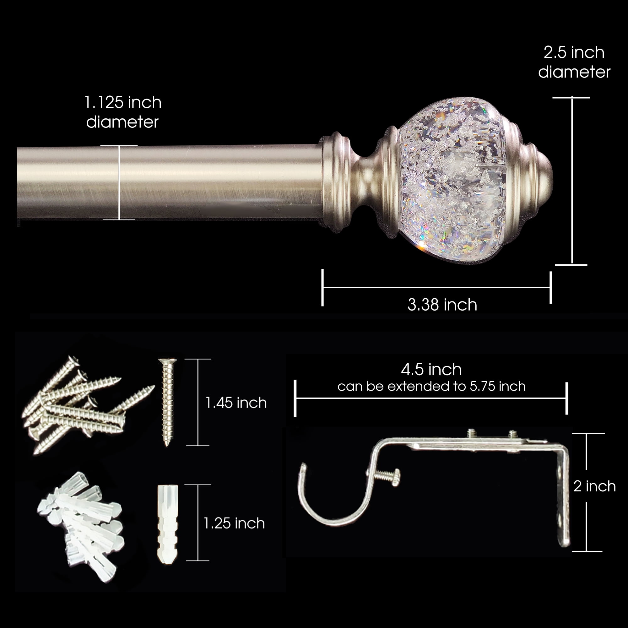 SKYPLUS LIVING 1-1/8 inch Single Window Curtain Rod with Foiled Finials Set, Adjustable 72-144 in,Silver
