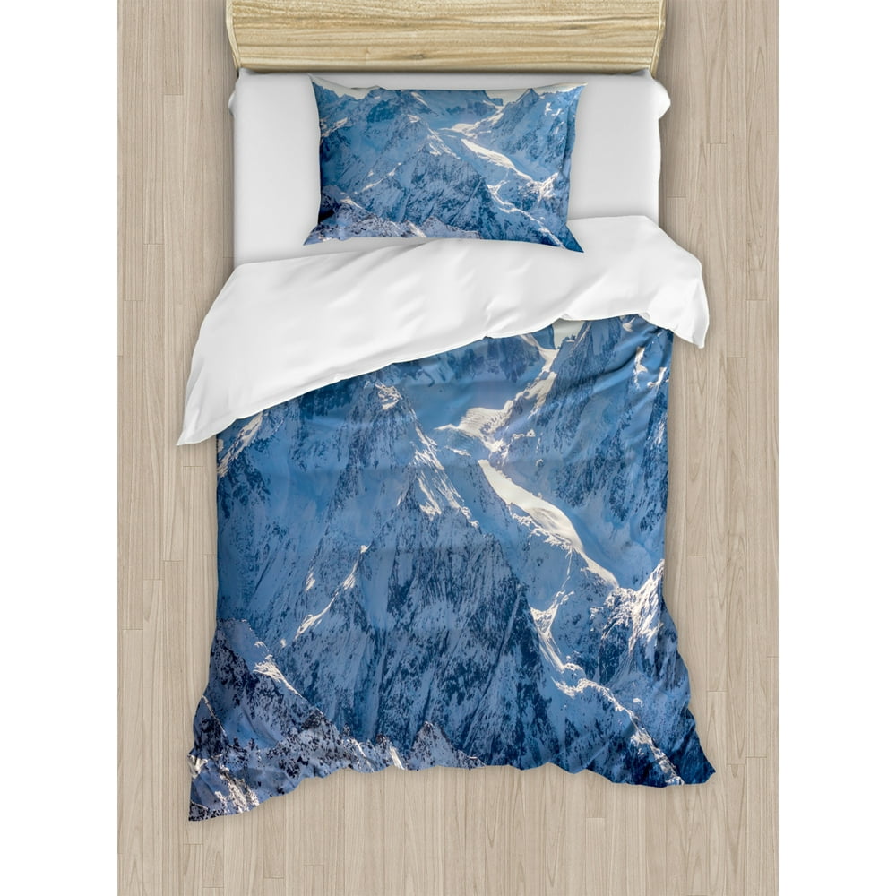 Mountain Duvet Cover Set Twin Size, Snowy Mountain Scene under the Sky