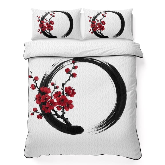 Quilts King Size Bedding Set, Cherry Blossom Lightweight Quilted Comforter, Japanese Red Plum Flower Oriental Art Soft Reversible Bedspread Coverlet with Pillow Covers for All Season, 96" x 106"