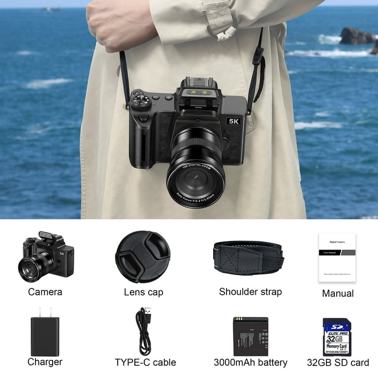 MARVUE Digital Camera with 5K UHD Video, 80MP, 18X Zoom, One-Touch