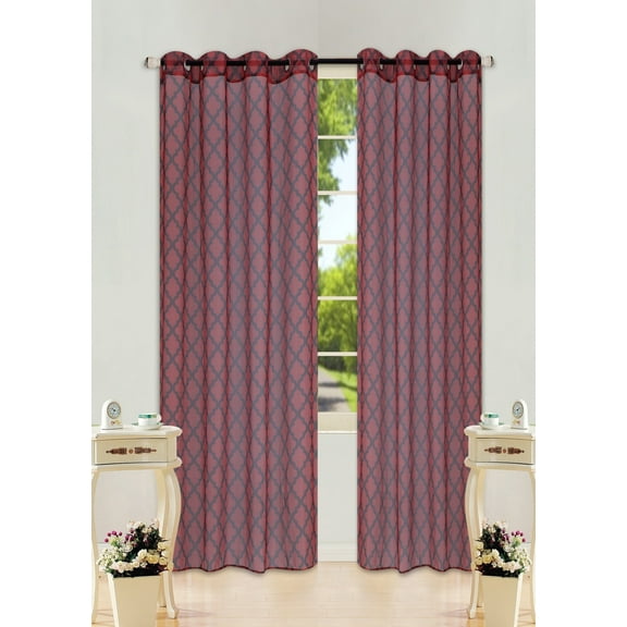 (S38) RED/Black 2pc Printed Sheer Grommet Window Treatment Set, Two (2) Geometric Pattern Panels 55"W x 108"L (Each)