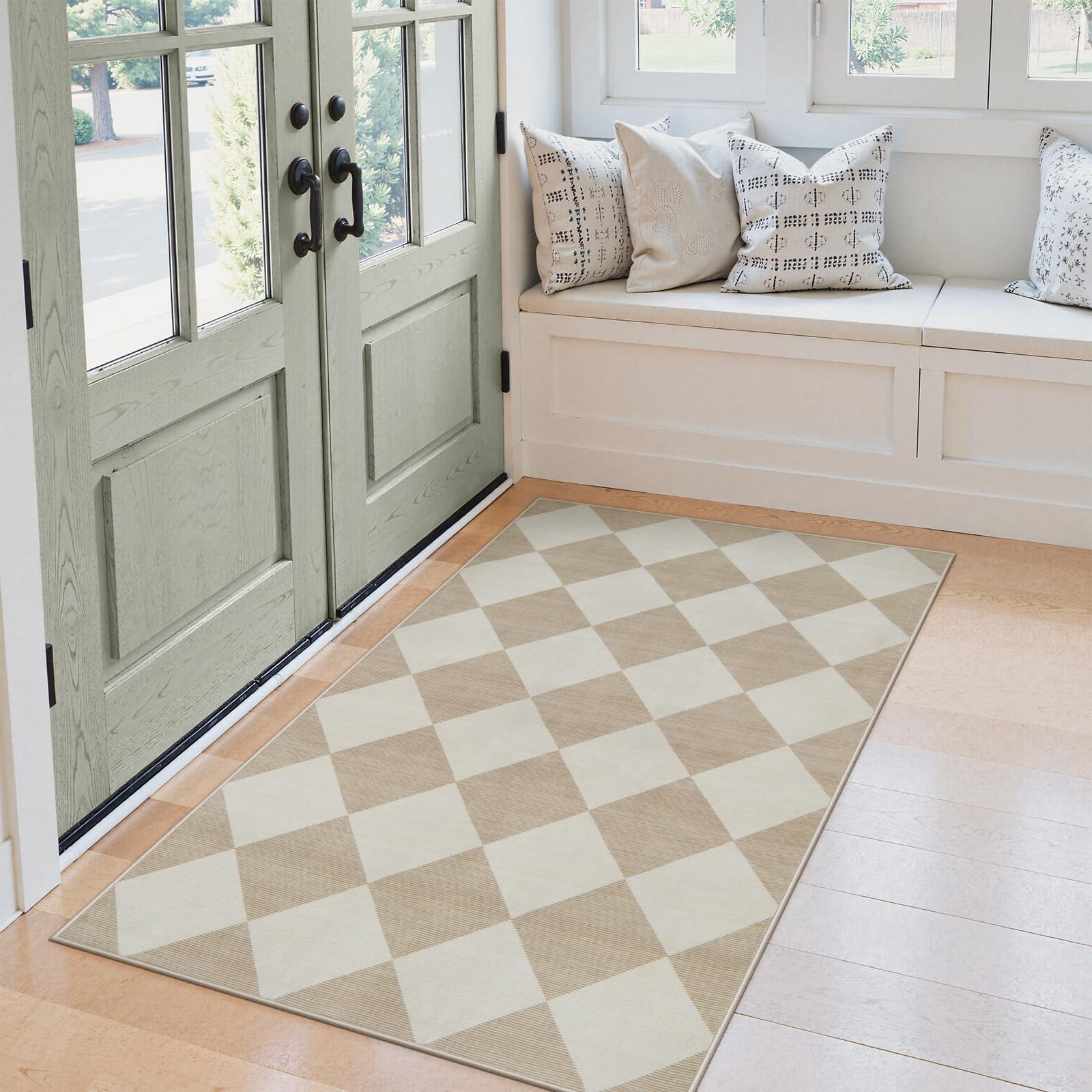 Lahome Decor 3'x5' Modern Washable Area Rugs for Living Room, 3x5ft Non-Slip Rugs for Bedroom, Farmhouse Checkered Rug, Moroccan Neutral Soft Low Pile Carpet for Office Dining Room Playroom,Beige
